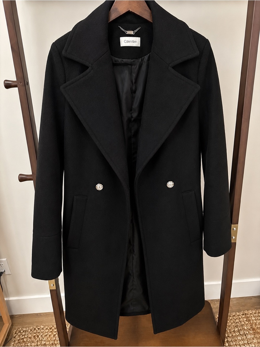 Calvin Klein Black Wool Blend Belted Wrap Coat Oversized Lapel Women’s Size S - Picture 3 of 5